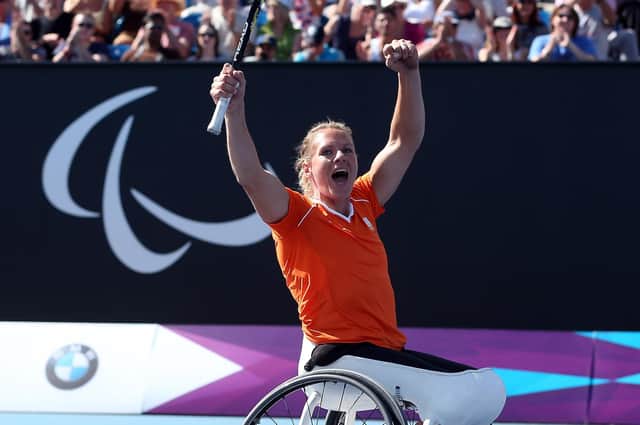 Esther Vergeer celebrates winning Paralympic gold in London 2012. Photo by Julian Finney/Getty Images.