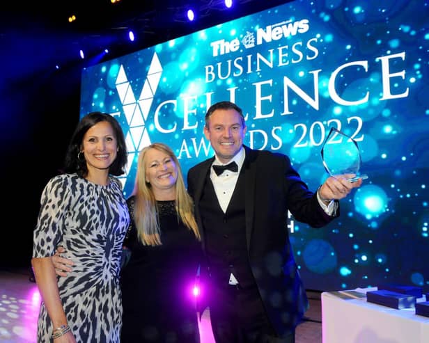 TV presenter Anjana Gadgil at The News Business Excellence Awards 2022  with Jo Sawford, business director at Solent LEP and Overall Business of the Year winner Daryn Brewer from Pro Pods. Picture: Sarah Standing