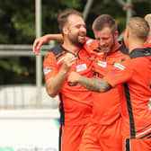 Will this be a regular sight in the 2022/23 Wessex Premier season? Brett Pitman, left, is congratulated after scoring for AFC Portchester in a pre-season friendly. Picture by Dave Haines