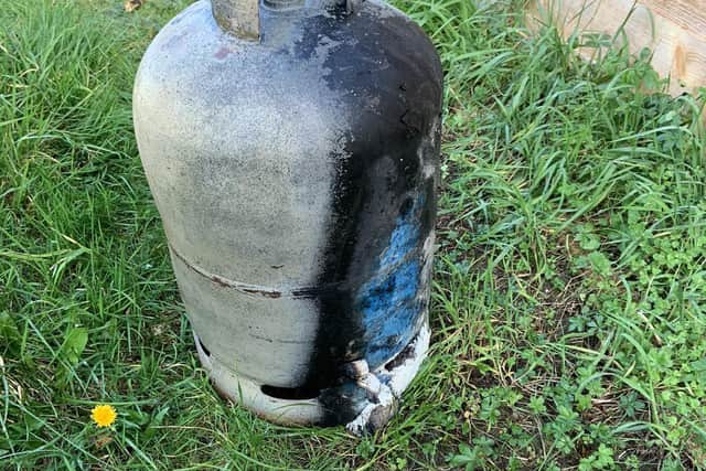 One of the gas cylinders that were in the shed and fanned the flames. Photo: Hampshire Fire and Rescue Service