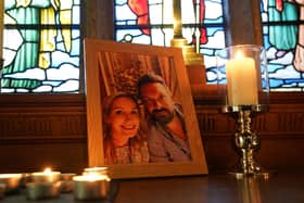 Candles are lit around a photo of Nicola Bulley (left) and her partner Paul Ansell on an altar at St Michael's Church in St Michael's on Wyre, Lancashire, as police continue their search for the missing mother of two.