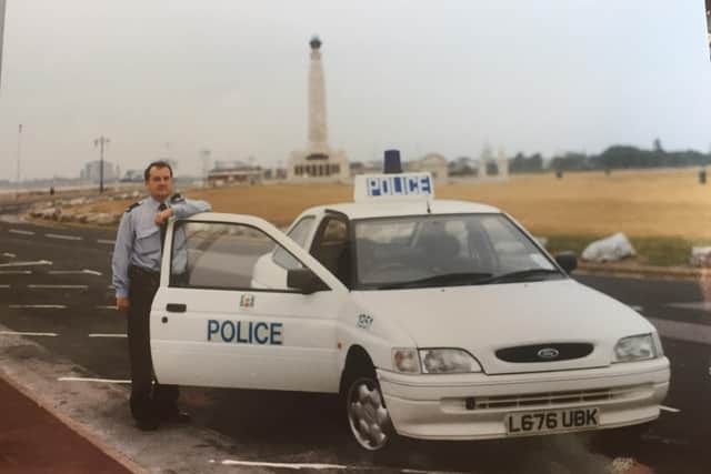 Former inspector Kelvin Shipp with his patrol car on Clarence Esplanade, Southsea, in 1995. He has been given the King's Police Medal in the New Year's Honour List 2023