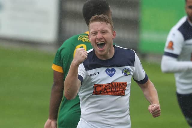 Tommy Wright celebrates after scoring Hawks' second goal against Horsham. Picture: Dave Haines.