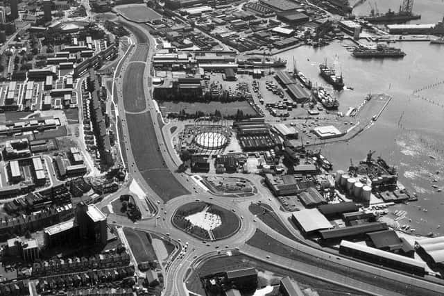 Rudmore roundabout at Mile End without the flyover. A picture taken during the construction of the M275 in the 1970s.