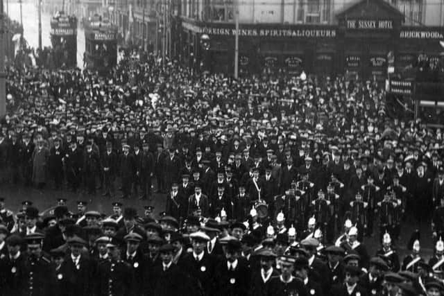 The Portsmouth Territorials at a church parade in Town Hall Square during the Frist World War. Undated.