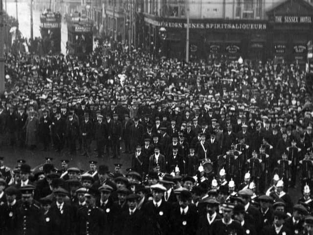 The Portsmouth Territorials at a church parade in Town Hall Square during the Frist World War. Undated.