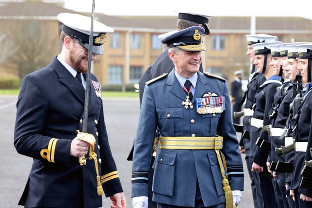 Air Vice-Marshal (AVM) Ian ‘Cab’ Townsend CBE Air Officer Commanding (AOC) of No 22. Group RAF paid a special visit to HMS Sultan, the home of Royal Navy Air and Marine engineering as the Guest of Honour at the Establishment’s Ceremonial Divisions. Escorted by Captain Mark Hamilton, the Commanding Officer of HMS Sultan throughout, the AVM inspected members of the Guard of Honour, who were on parade alongside Royal Naval personnel, including trainees Passing Out of their training at Sultan who are about to join their first ships and Sultan Volunteer Corp Cadets.