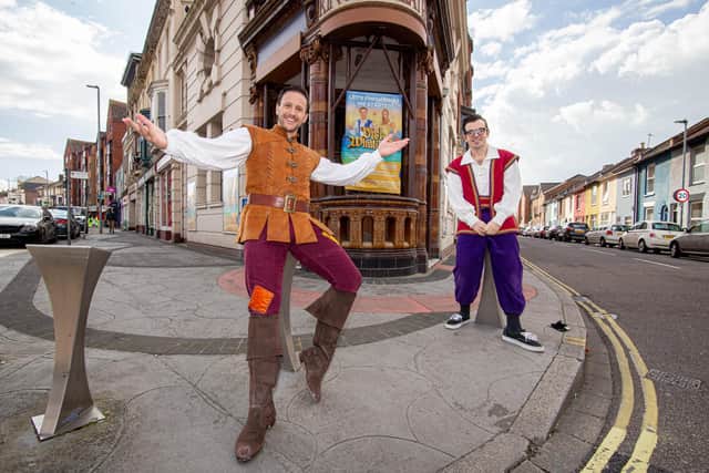 Sean Smith as Dick Whittington with James Percy as Silly Billy outside The Kings Theatre, Albert Road, Southsea. Picture: Habibur Rahman