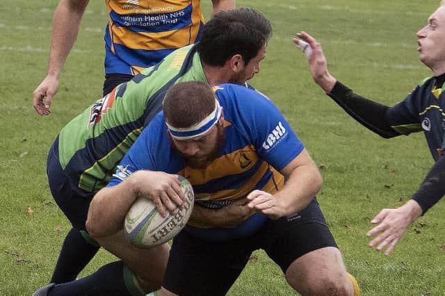 Daniel O'Donoghue grabs Gosport & Fareham's first try against New Milton. Picture: Roger Smith