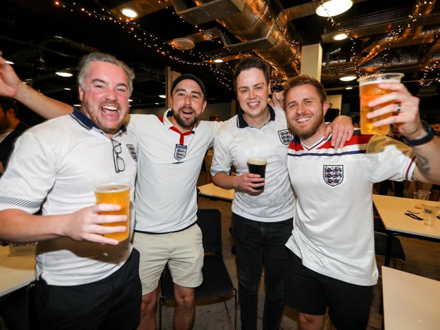 Celebrations at full-time. Fans watch Netherlands v England, UEFA Euros 2024 semi-final played in Dortmund, at Village Hotel, Lakeshore Drive, CoshamPicture: Chris  Moorhouse (100724-112)