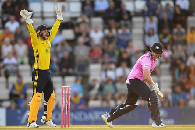 Lewis McManus appeals for the wicket of Eoin Morgan during last summer's T20 Blast tie between Hampshire and Middlesex at The Ageas Bowl. Photo by Alex Davidson/Getty Images.