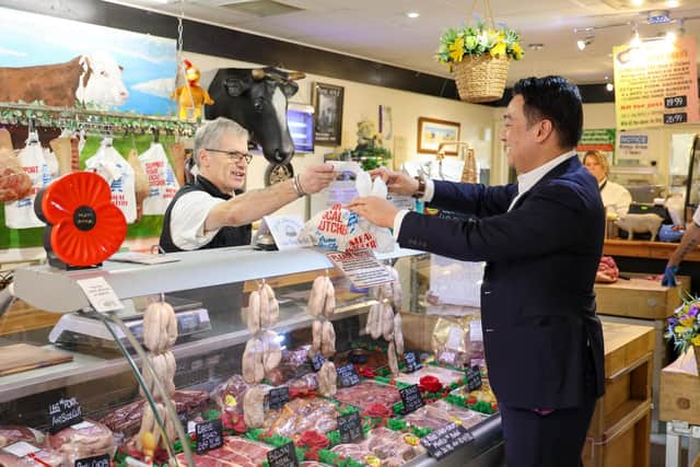 Alan Mak MP at Greywell Old School Butchers in Leigh Park with owner Gary Wright
