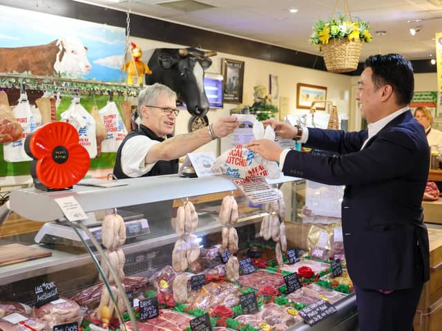 Alan Mak MP at Greywell Old School Butchers in Leigh Park with owner Gary Wright
