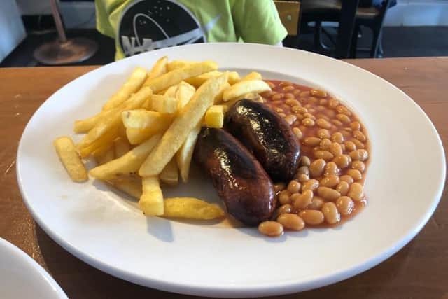 The children's sausage, chips and beans meal at Harvey's Cafe in Botley