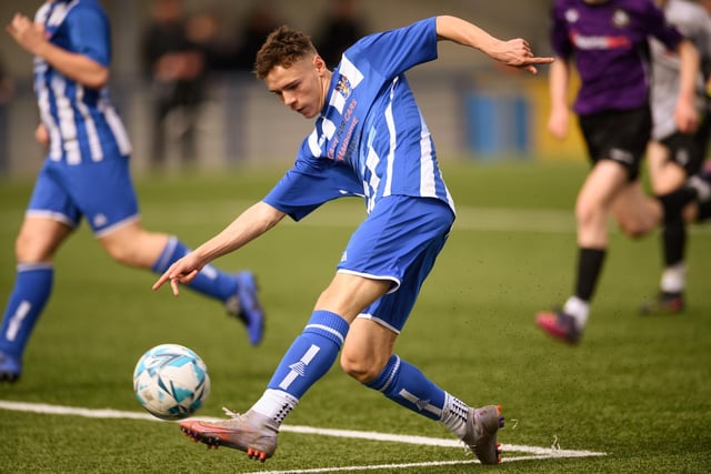 Action from the Portsmouth Youth League U15 Challenge Cup final between Bedhampton Youth (blue and white kit) and Gosport Falcons. Picture: Keith Woodland (190321-1166)
