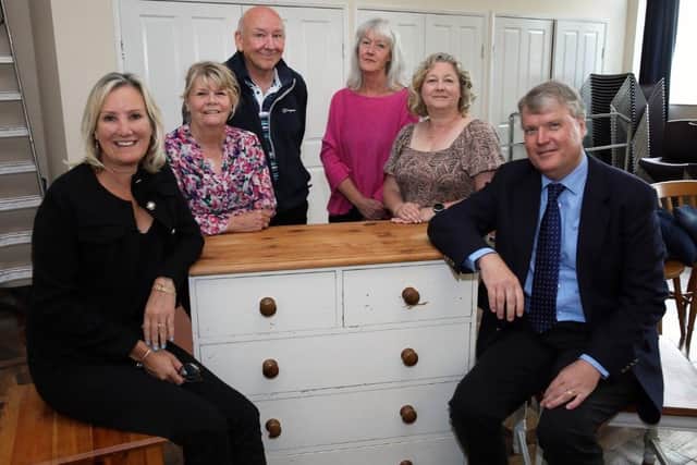 Pictured left to right: Caroline Dinenage MP with Patsie Ruzewicz, Tom Bryant, Fiona Cooke and Alyson Marlow from Hub4Stuff and Fareham council leader Sean Woodward.