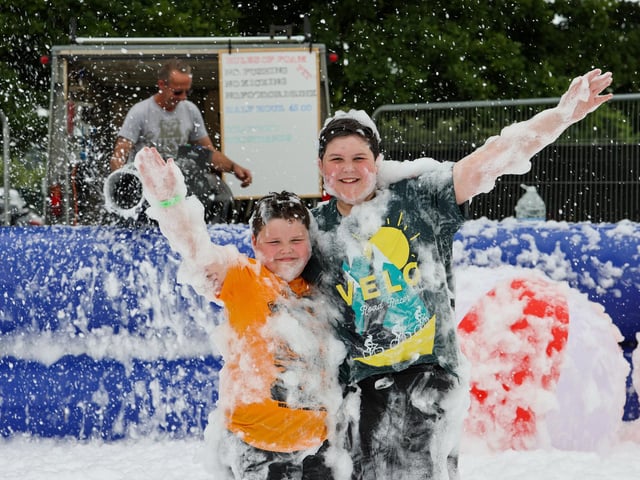 Pictured - Oliver Ricketts, 8 and Rhys Ricketts, 12, from Waltham Chase, enjoying the foam pit. Photos by Alex Shute.