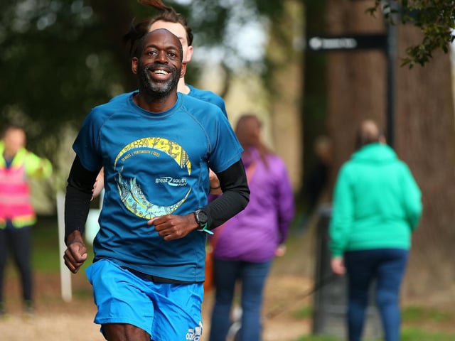 Ian Briscoe taking part in the 500th Havant parkrun at Staunton Country Park on Saturday morning. Picture: Chris Moorhouse (jpns 220423-017)