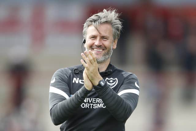 Pompey assistant head coach Nicky Cowley applauds the fans at full time following Pompey's 1-0 win at Fleetwood last Saturday. Picture: Paul Thompson