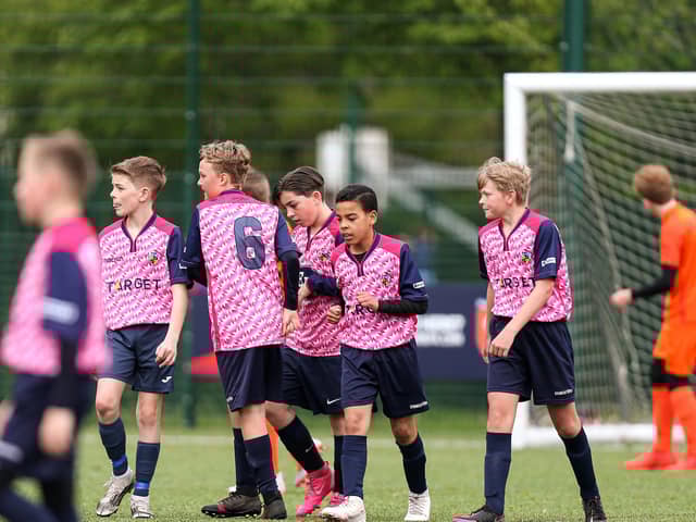 Havant & Waterlooville under-12 Young celebrate a goal in their 4-0 Mid Solent Youth League victory over AFC Portchester Castles under-12s. Picture: Chris Moorhouse (jpns 220521-22)