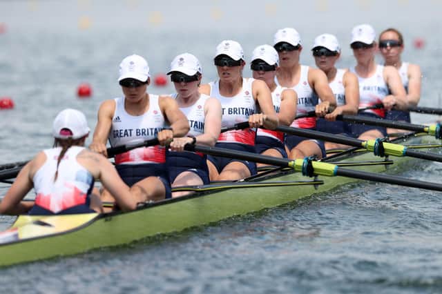 The GB women's eights - from left, Matilda Horn, Sara Parfett, Rebecca Edwards, Katherine Douglas, Caragh McMurtry, Becky Muzerie, Emily Ford, Chloe Brew and Fiona Gammond - compete during their heat at the Sea Forest Waterway. Photo by Naomi Baker/Getty Images.