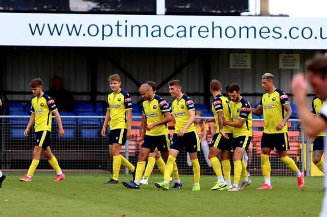 Gosport Borough players are just done celebrating Pat Suraci's strike. Picture: Tom Phillips