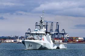 HMS Tamar approaches the entrance to the Panama Canal. Photo: LPhot Rory Arnold