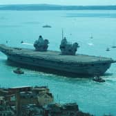 Royal Navy aircraft carrier HMS Prince of Wales leaving Portsmouth on Saturday, taken from the Spinnaker tower Picture: @CNPics_