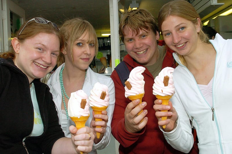 Cooling down with an ice cream after lessons at South Downs College, Purbrook , these students (left to right) Emma Chevis (17), Amy Doherty (17), Chris Ricketts (17) and Caroline Ward (17), pictured during the hot weather near South Parade Pier, Southsea in 2006.
Picture: Michael Scaddan (061939-0246)