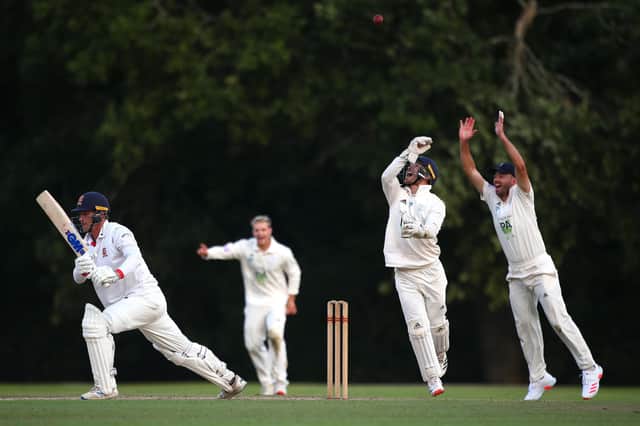Tom Westley of Essex is caught behind off the bowling of Mason Crane as wicket keeper Lewis McManus and Ian Holland celebrate during day two of the Bob Willis Trophy match between Hampshire and Essex at Arundel . Photo by Charlie Crowhurst/Getty Images.