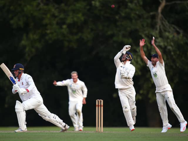Tom Westley of Essex is caught behind off the bowling of Mason Crane as wicket keeper Lewis McManus and Ian Holland celebrate during day two of the Bob Willis Trophy match between Hampshire and Essex at Arundel . Photo by Charlie Crowhurst/Getty Images.