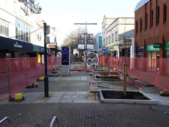 Improvement works going on in Commercial Road (the end outside Subway) and at the end of Charlotte Street in Portsmouth, Hampshire.Monday 12th February 2024.Picture: Sam Stephenson.