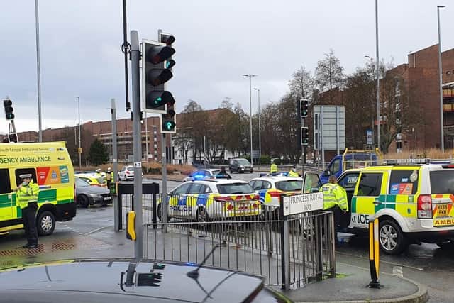 Emergency service at the scene of the crash on the M275, which injured a female police officer. Photo: Habibur Rahman
