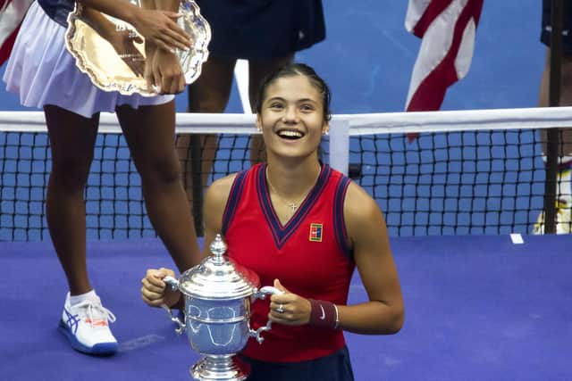 Emma Raducanu with the US Open trophy. Picture: Michael Nagle/Xinhua/PA Wire.