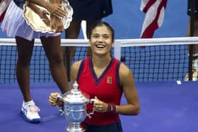 Emma Raducanu with the US Open trophy. Picture: Michael Nagle/Xinhua/PA Wire.
