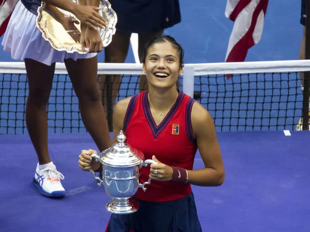Emma Raducanu with the US Open trophy. Picture: Michael Nagle/Xinhua/PA Wire.