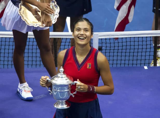 Emma Raducanu with the US Open trophy. Picture: Michael Nagle/Xinhua/PA Wire.
