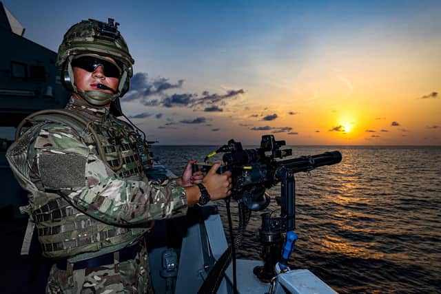 A sailor on HMS Trent pictured during a gunnery exercise on board during her operational deployment in Africa. This training plays a vital part is sustaining operational capability at sea.