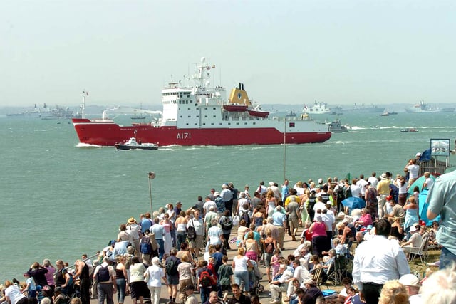 HMS Endurance off Southsea Castle 26th June 2005.Huge crowds of ship watchers stacked deep as hey gather on the embankments of East Battery at Southsea Castle to see the events of the International Fleet Review in the Solent. Picture: Michael Scaddan 053019-0030