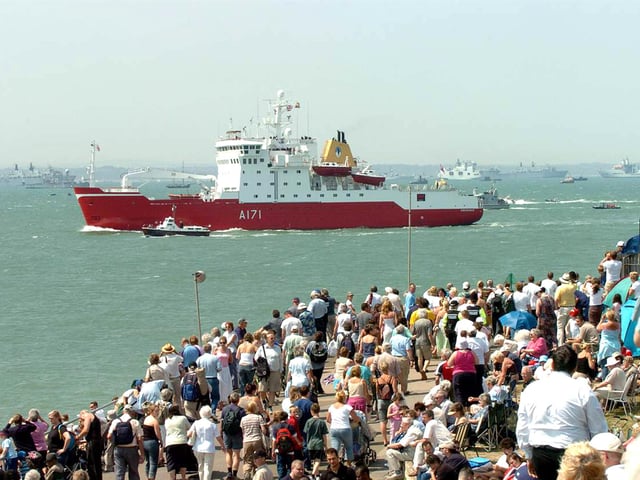 HMS Endurance off Southsea Castle 26th June 2005.Huge crowds of ship watchers stacked deep as hey gather on the embankments of East Battery at Southsea Castle to see the events of the International Fleet Review in the Solent. Picture: Michael Scaddan 053019-0030