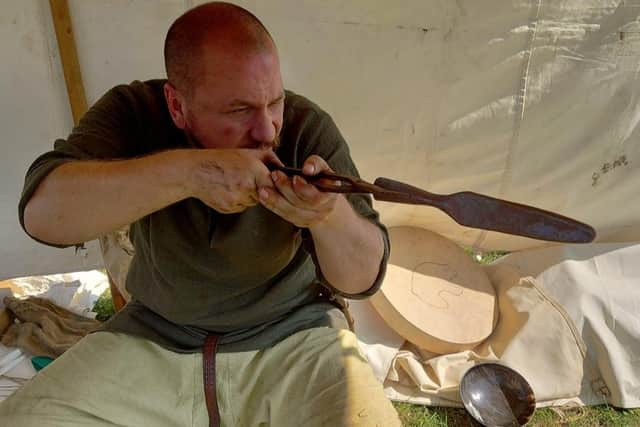 Joe Tyler, blacksmith for Herigeas Hundas, taken at Butser Ancient Farm, 2021. By Bea Helmes/Herigeas Hundas