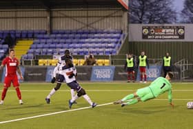 Averaging 3.5 goals per league game - Hawks' Bedsente Gomis scores in a 4-2 home National League South win over Hungerford on January 2. Picture: Chris Moorhouse