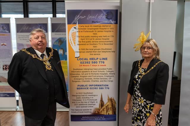The Lord Mayor of Portsmouth Frank Jonas and the Lady Mayoress Joy Maddox at The Alcoholics Anonymous 75th anniversary exhibition 
Picture: Andy Hornby