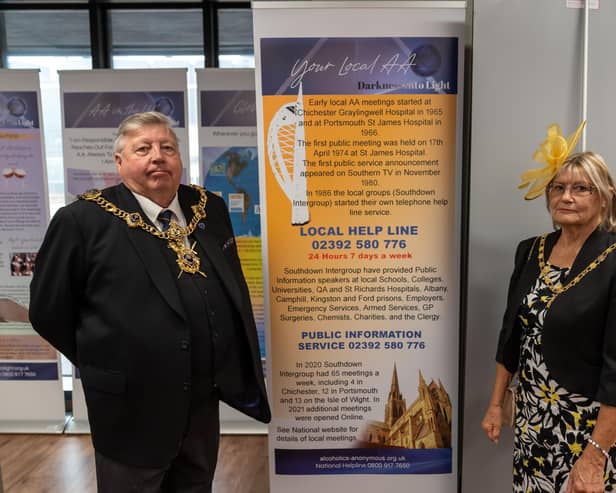 The Lord Mayor of Portsmouth Frank Jonas and the Lady Mayoress Joy Maddox at The Alcoholics Anonymous 75th anniversary exhibition 
Picture: Andy Hornby