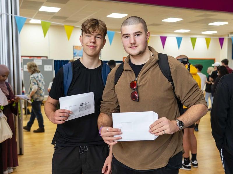 James & Mantvydas celebrate their results at City of Portsmouth College results day 2024