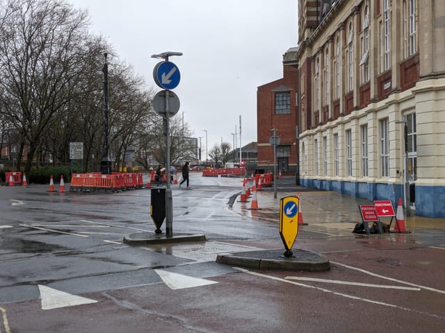 Roadworks in Edinburgh Road, near Commercial Road in Portsmouth city centre.