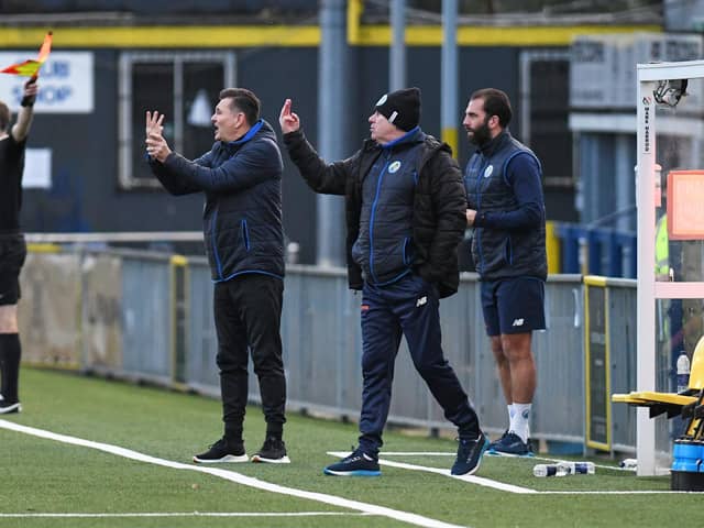 Hawks boss Paul Doswell and assistant Ian Baird give instructions during the home loss to Eastbourne. Picture: Neil Marshall