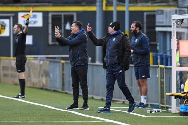Hawks boss Paul Doswell and assistant Ian Baird give instructions during the home loss to Eastbourne. Picture: Neil Marshall