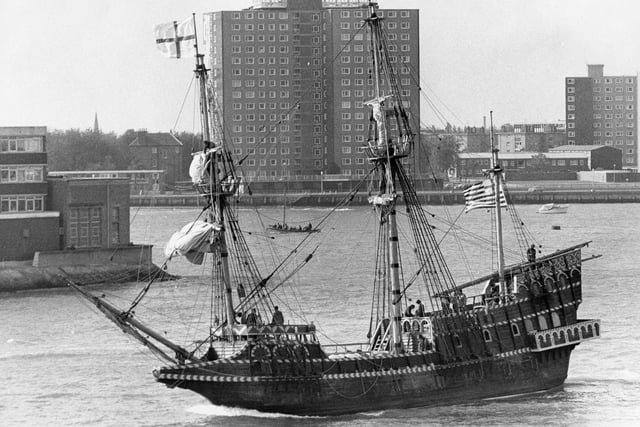 The Golden Hinde leaving Portsmouth Harbour passing HMS Dolphin in October 1973. The News PP4805