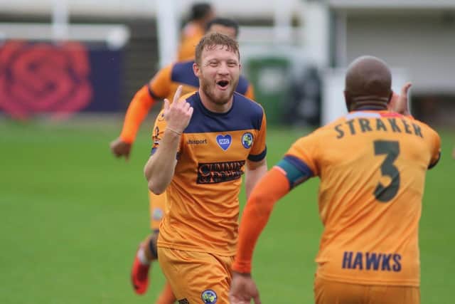Tommy Wright celebrates his FA Cup goal for Hawks at Bath City. Pic: Kieron Louloudis.